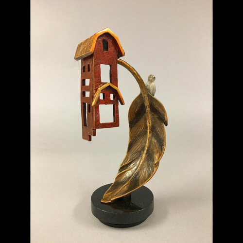 Bronze Sculpture Birdhouse with Patina