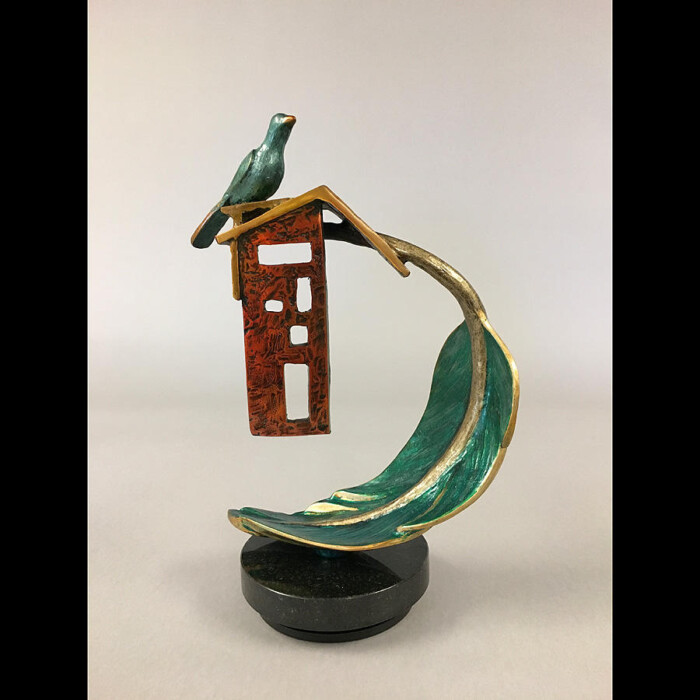 Blue Bronze Bied with Feather and Birdhouse