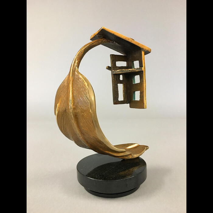 Dingle Morning - Bronze and Gold Birdhouse Sculpture with feather