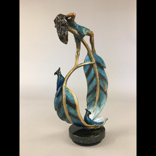 Feeling Stellar - Bronze Girl Statue with Blue Feathers