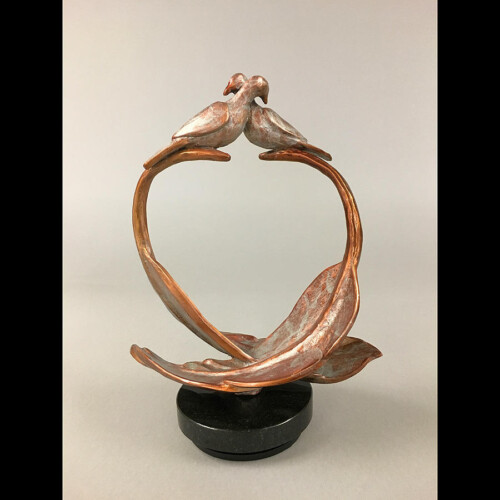 Love Me Tender - Loving Birds Bronze Sculpture with Feathers